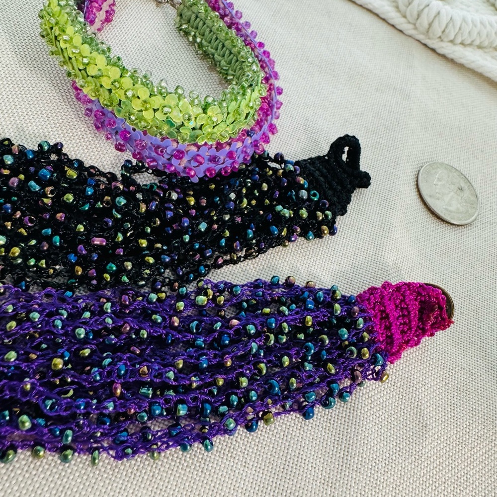 Handmade Beaded Bracelets Bundle seed beads Black Purple Green 7” Y2K - Picture 5 of 6